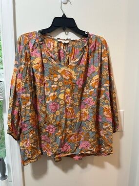 Entro Orange Pink Floral Bohemian Peasant Top
